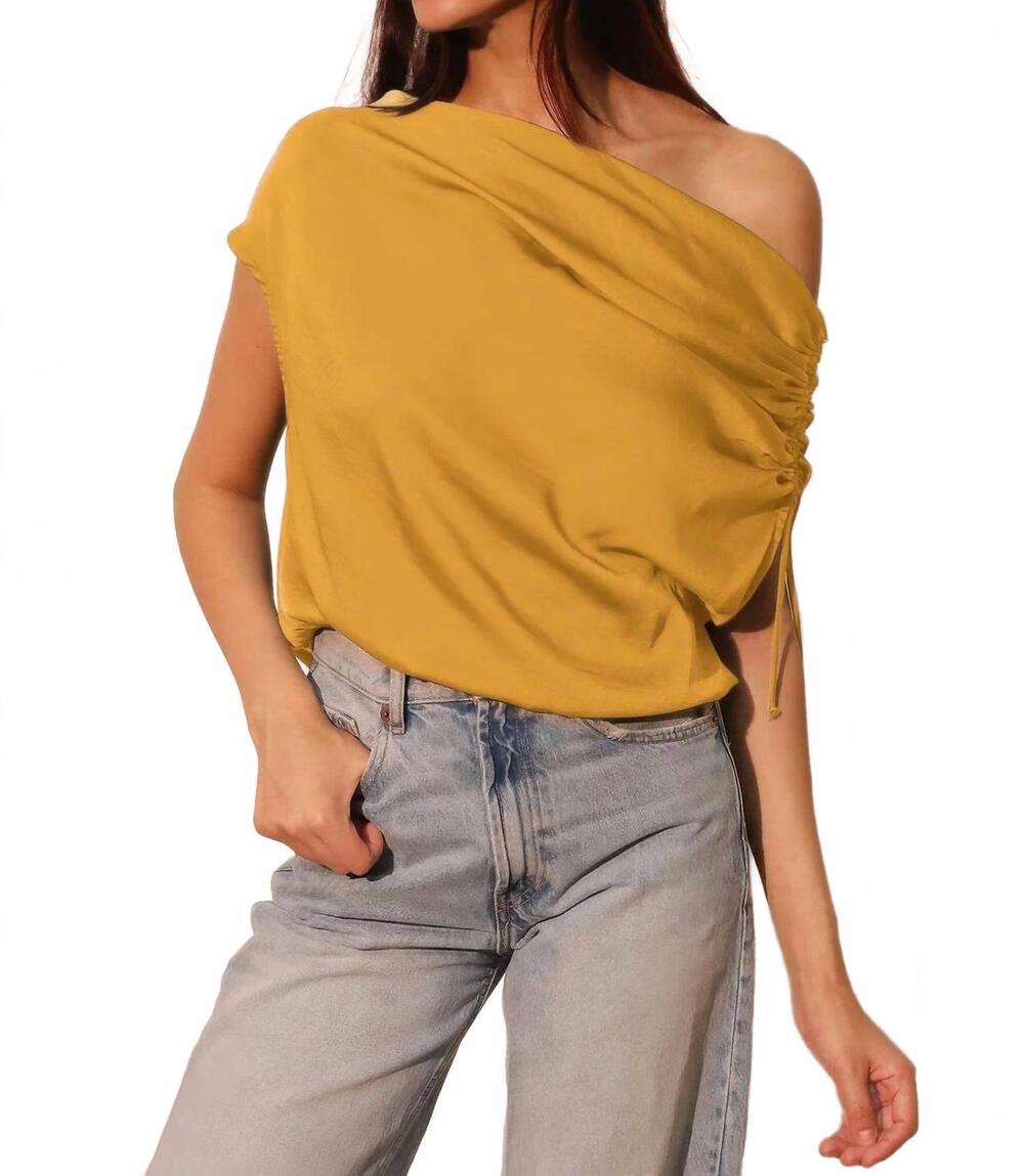 NEW TYCHE washed poly silk asymmetrical drawstring top in yellow